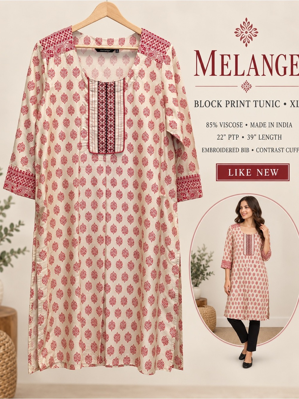 Melange Block Print Kurta Tunic Dress XL Embroidered Cream Red